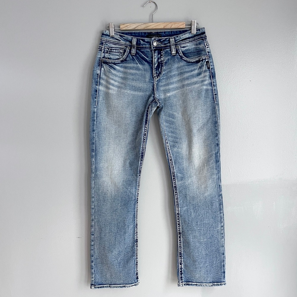 Silver Jeans Suki Baby Boot Blue‎ Jeans Womens Whiskered Faded Stretch 30x31